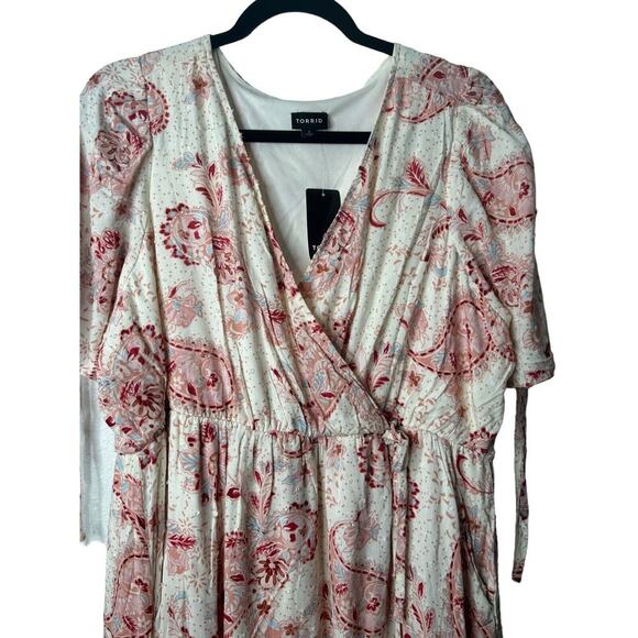 Torrid Dress Size 1X Midi Swiss Linen Surplice Paisley Faux Wrap Pink Multicolor - Picture 2 of 15